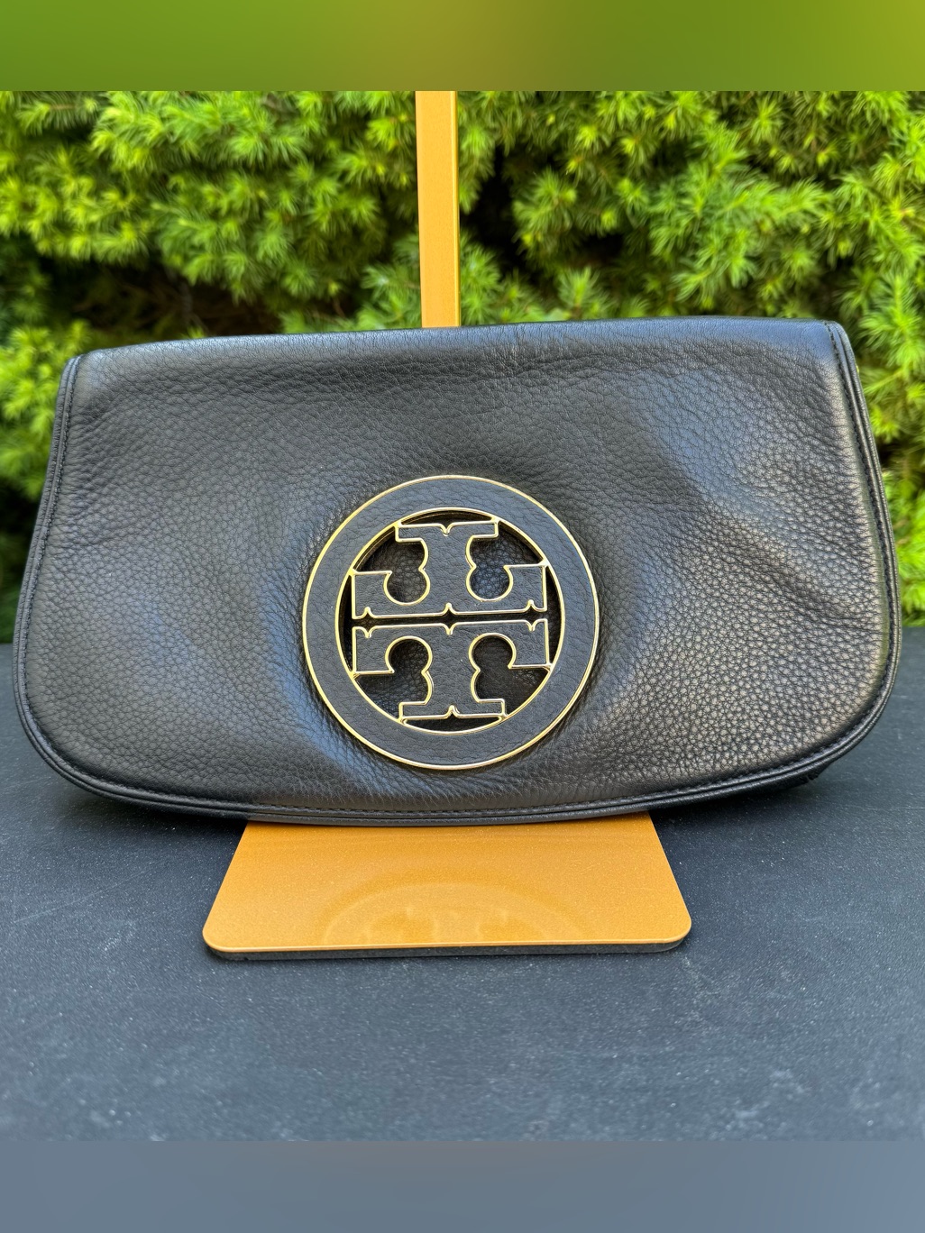 Tory Burch Amanda Black Leather Clutch With Gold Logo